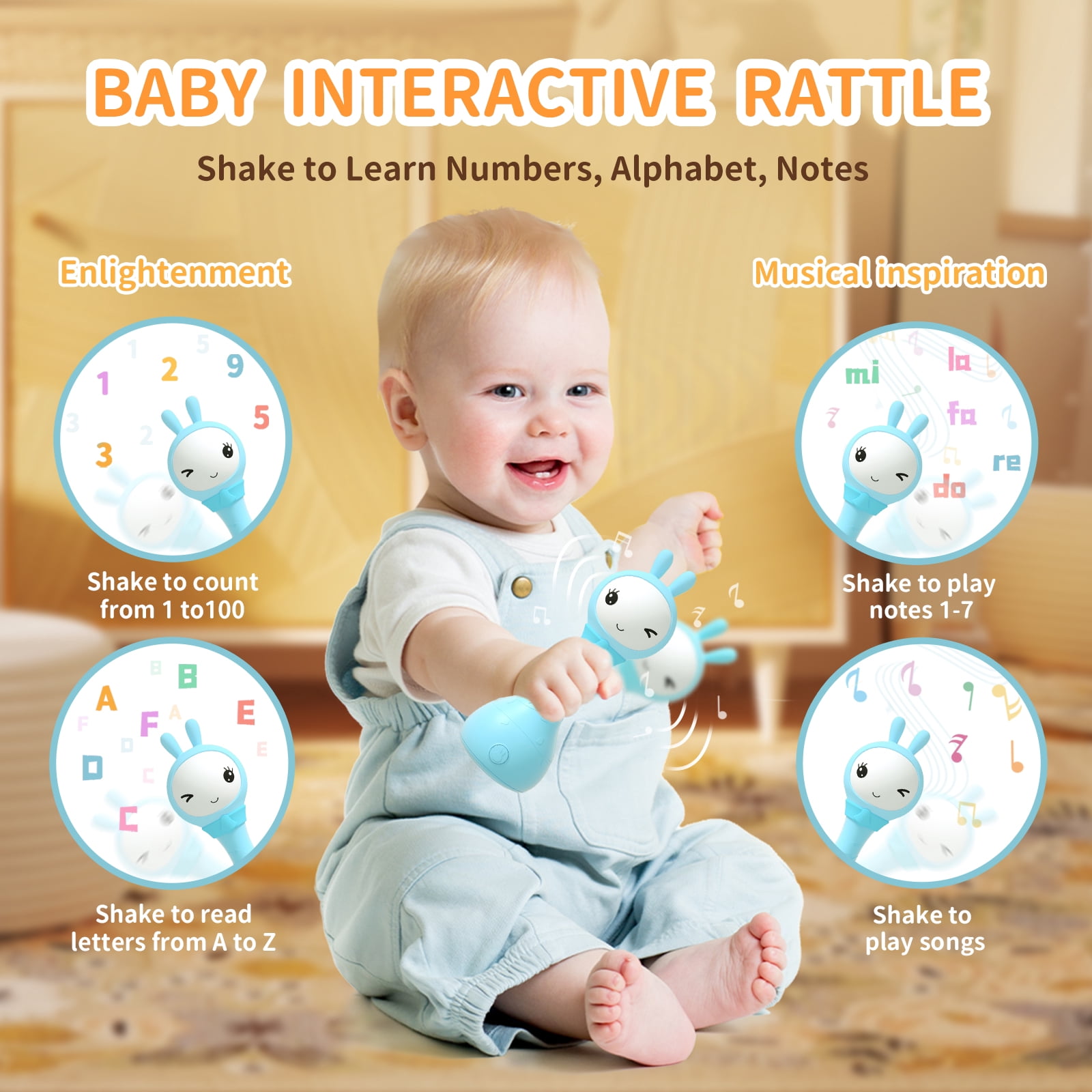 alilo Yoyo Talking Bunny Baby Musical Rattle - Repeats What You Say, Preloaded 90+ Content, ABC/Number/Notes Learning, Toys for Babies Newborns