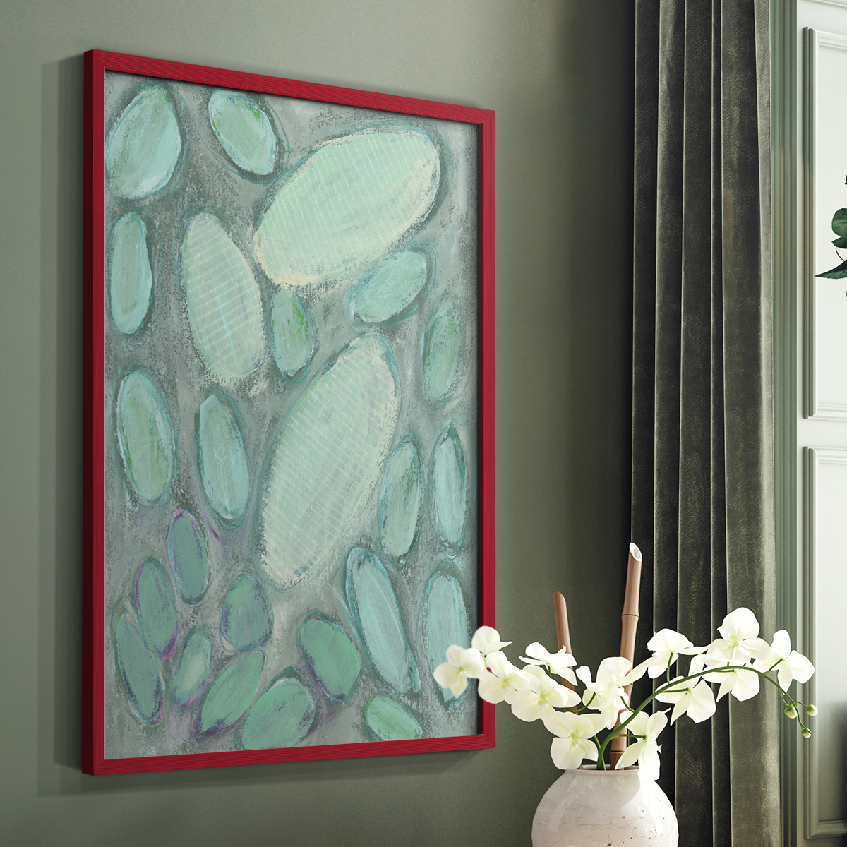 Blue Orbs II Framed Print in Red Solid Wood Framed Print No Nail Hanging