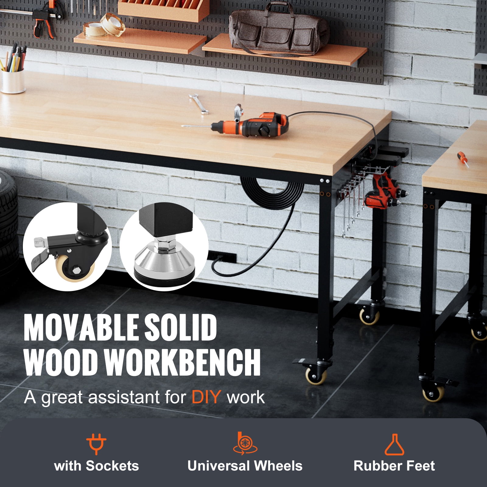 KFFKFF Adjustable Height Workbench 72"L x 25"W Work Bench Table w/ Power Outlets