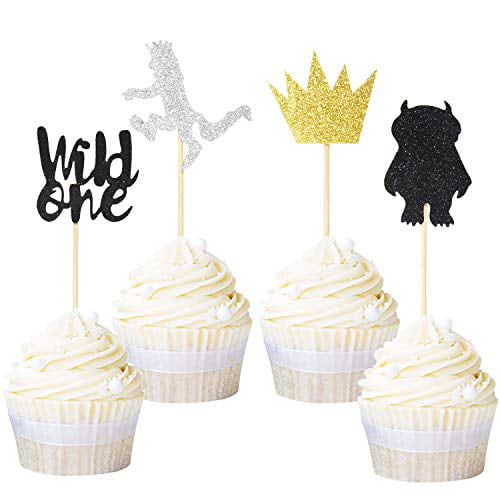 Birthday 12 Toppers. Baby Shower Gold GlitterWILD ONE Cupcake Toppers