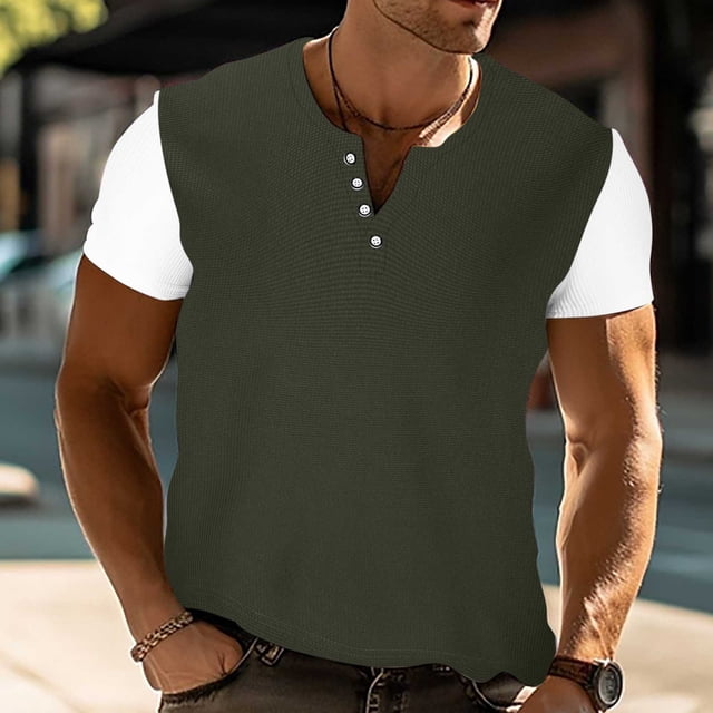 pstuiky camisetas de hombre, Camiseta de manga corta para hombre, de 1 botón, talla europea, color liso, holgada, transpirable, informal, de manga corta y cuello redondo. xl