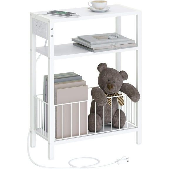 Narrow Side Table with Charging Station, Small End Table for Small Spaces, Slim Nightstand with Storage Basket, 3 Tier Skinny Bedside Table for Living Room, Bedroom, White