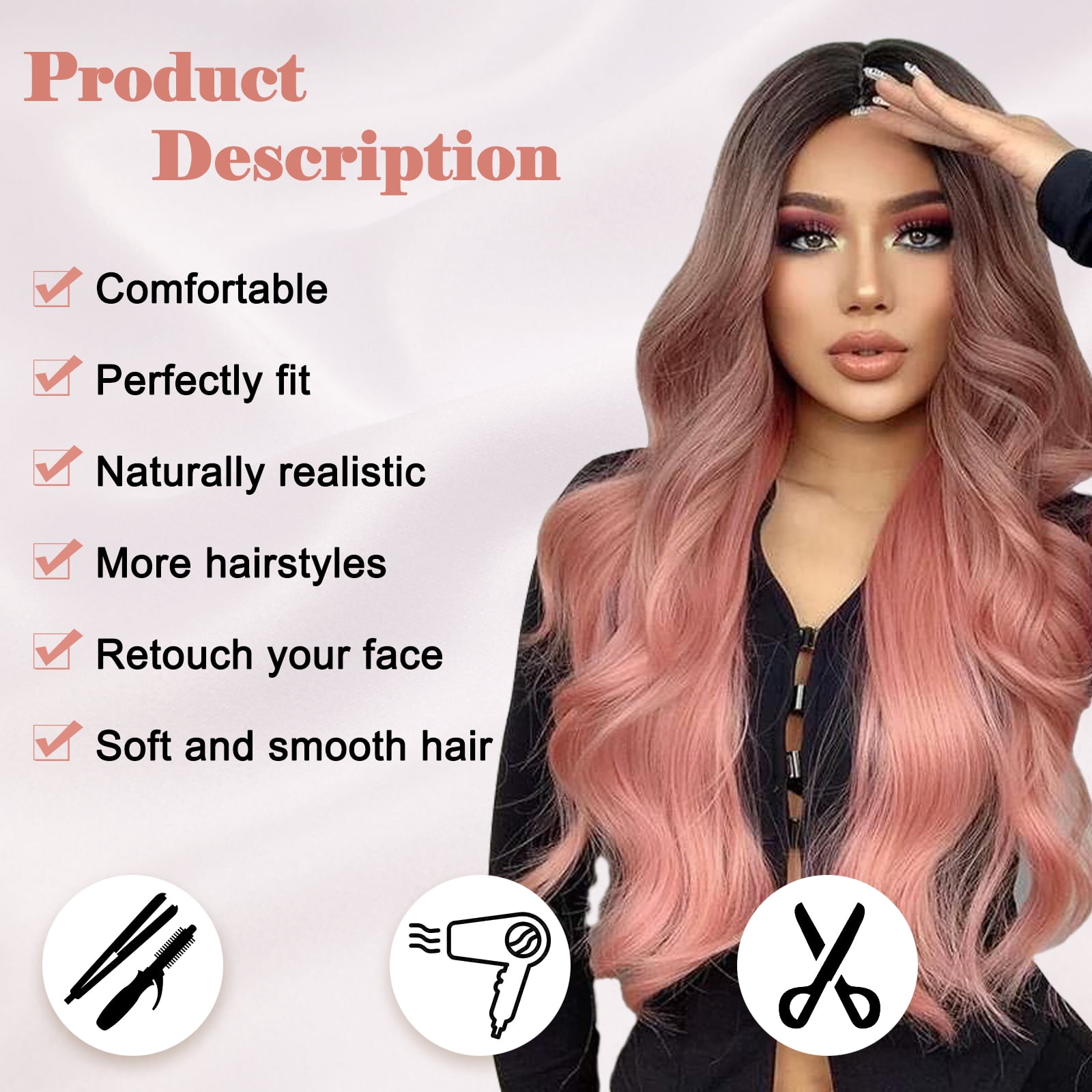MORICA 26 Inch Long Wavy Ombre Pink Wig, Heat Resistant 