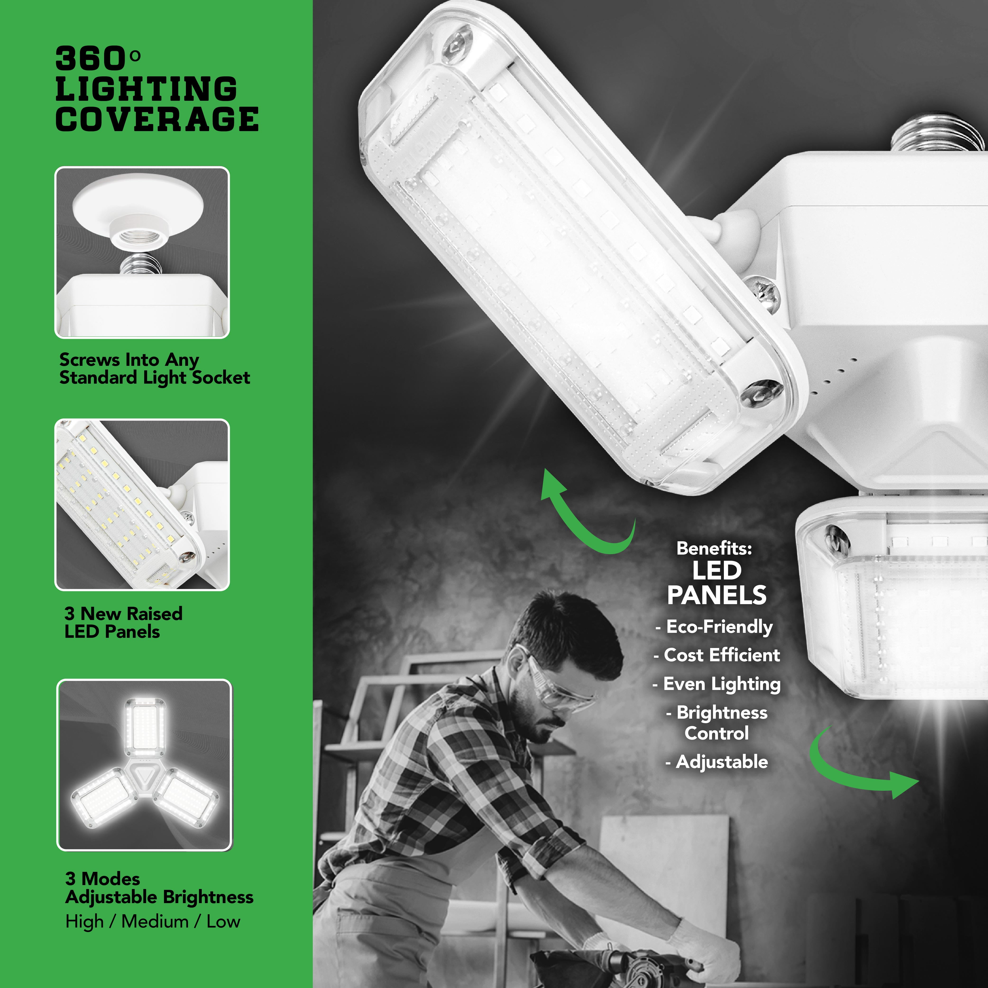 Bell and Howell TriBurst Garage Lights 288 LED Bulb 2000 Lumens Ceiling Socket Deformable Light for Shop Basement Attic