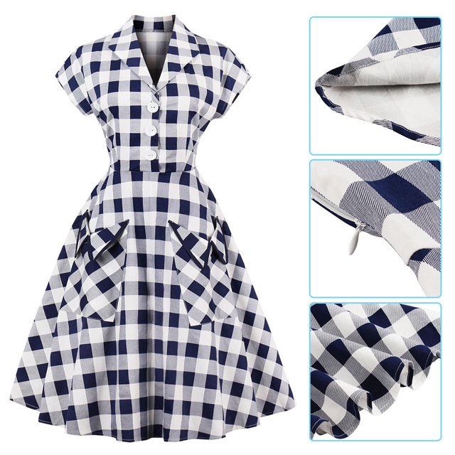 Vestido clásico azul blanco con cuello vuelto para mujer NikouMX Vestido acampanado S M L XL XXL 3XL 4XL