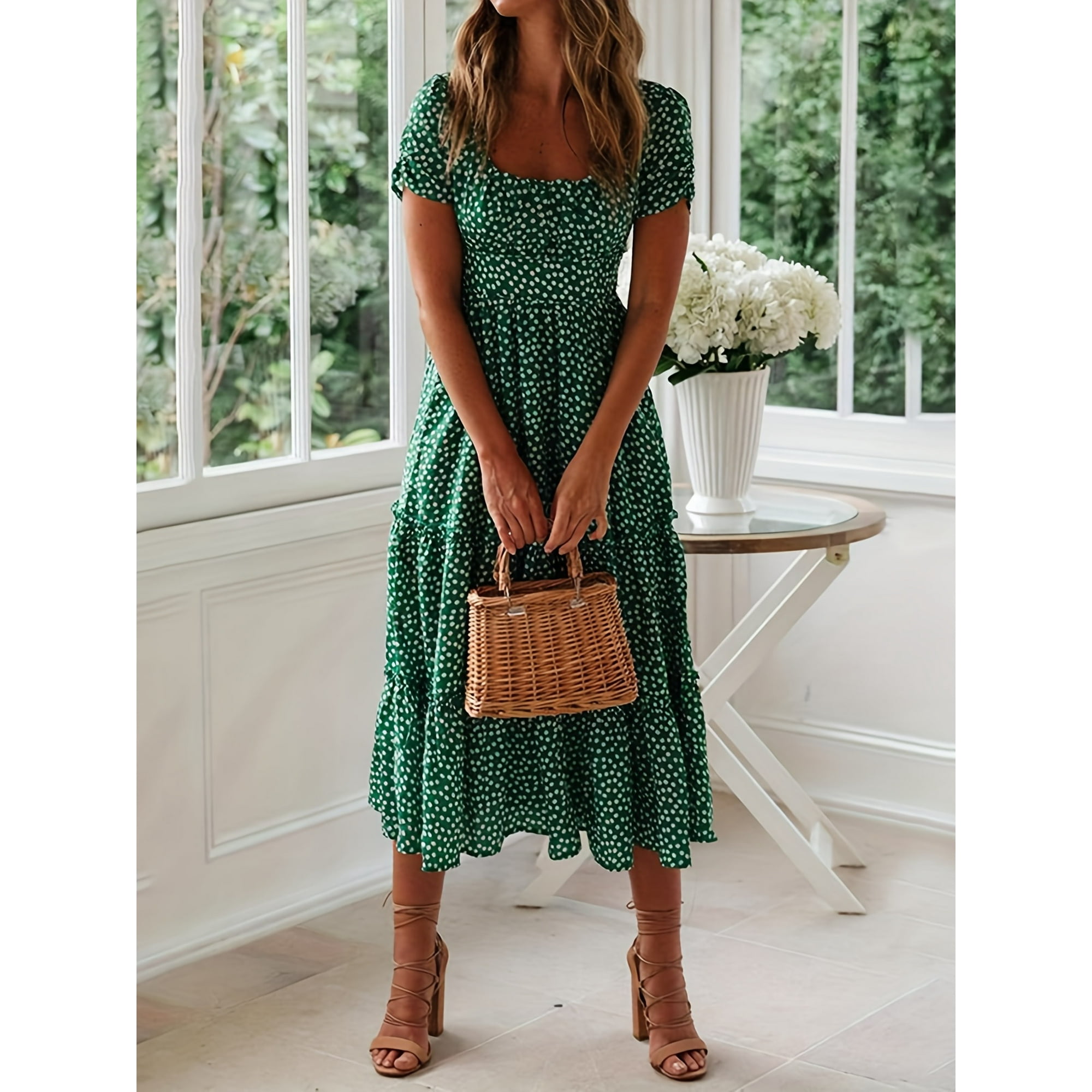 Polka Dot Ruffle Hem Dress Casual Square Neck Short Sleeve Dress