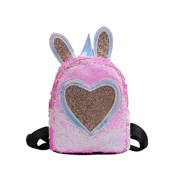 Stylish Heart Sequin Backpack Rabbit Ear Design Casual Bag Shiny Satchel Bookbag For Girls