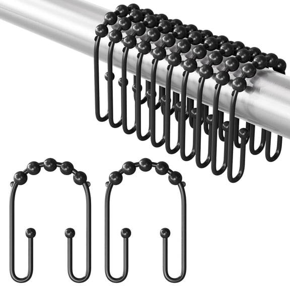 Shower Curtain Hooks, Black Rust Proof Non-Slip Double Hooks for Shower Curtain, Sturdy Metal Rings Bathroom 12Pcs