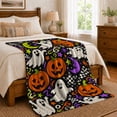 thumbnail image 6 of Smiling Ghosts with Jack O Lanterns and Moons, Checker Star Party Motif Cozy Flannel Blanket, Bright autumn celebration Art for families, 6 of 7