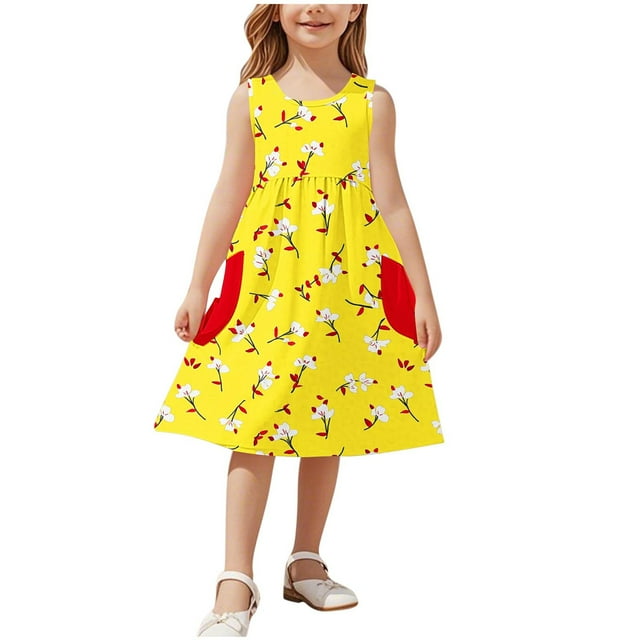 Ashirexll Robes Filles Sans Manches Col Rond Motif Imprimé Robe en Mélange de Coton Longueur Genou Jaune 3 Ans