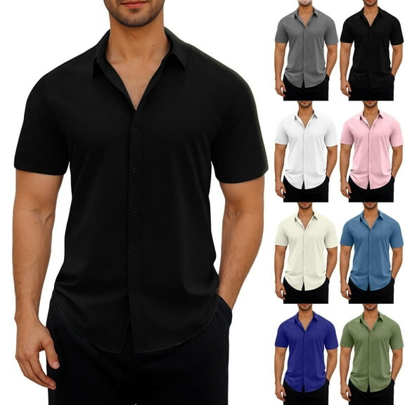 CHGBMOK Shirts for Men Short Sleeve Classic Shirts Casual Regular-Fit Button-Up Collared Dress Shirt Top Tees Blouses Clearance S-2XL