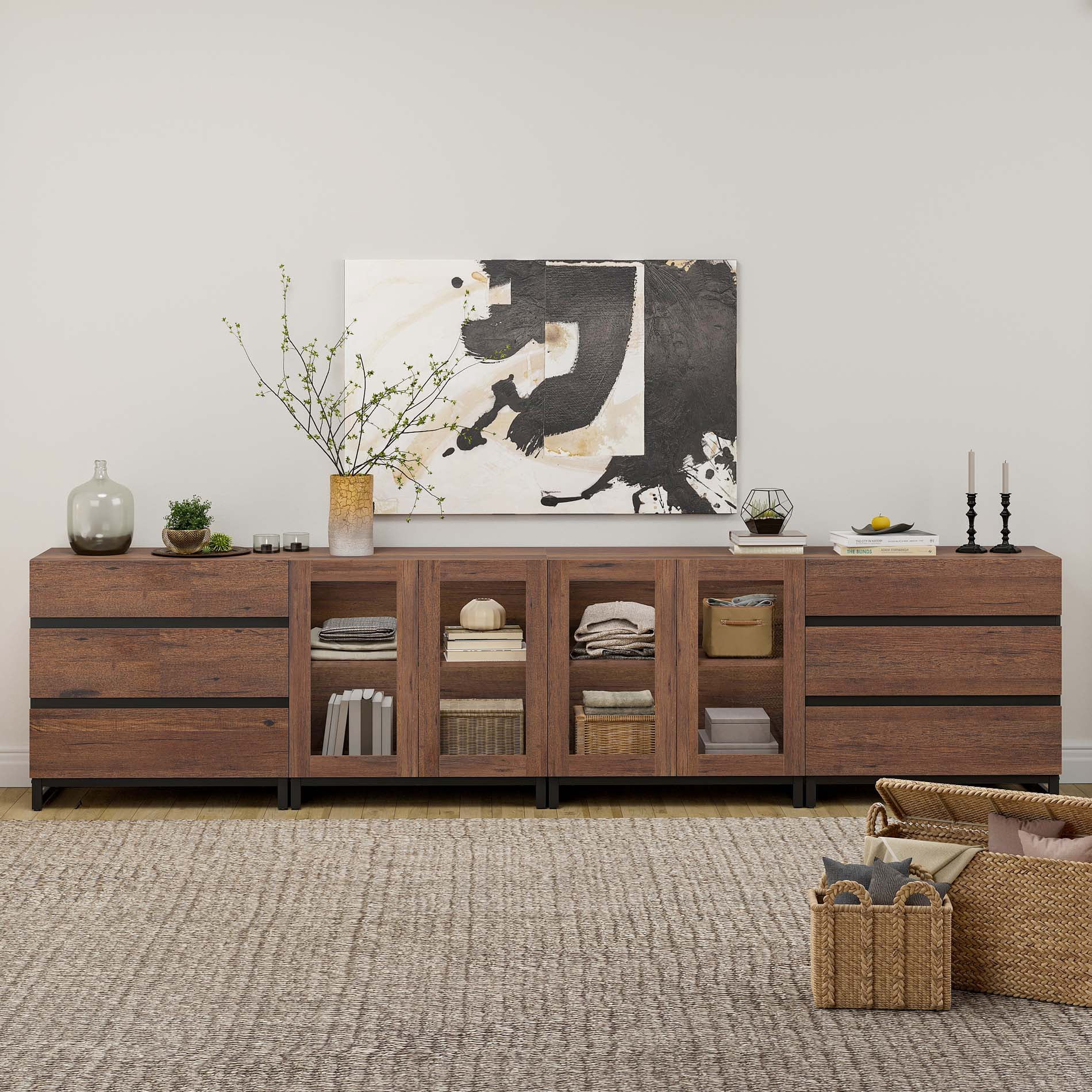 Modern Dresser with Tempered Glass Doors, 6 Drawers Storage Chest with Adjustable Shelves, 4 In 1 Household Closet Organizer for Bedroom Living Room,Brown