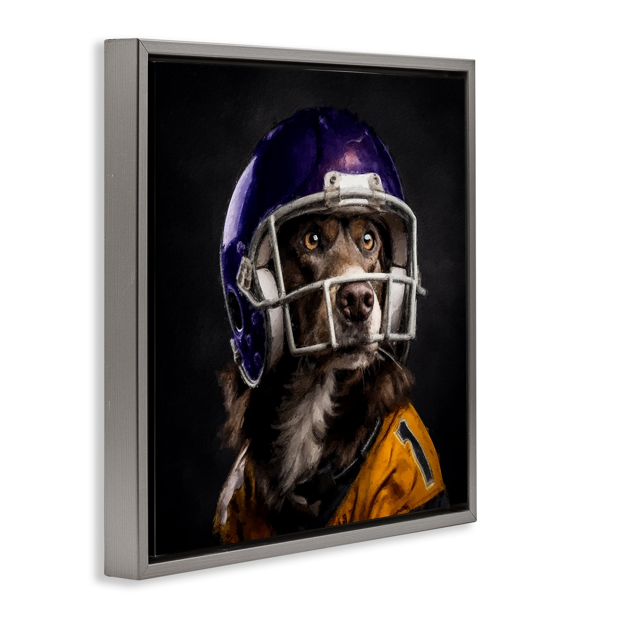 Stupell Industries Dog with Football Helmet Animals Painting Gray Floater Framed Canvas Art Print Wall Art, 18 x 18