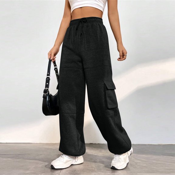 FNFYFH Women Cargo Sweatpants with Pockets Elastic Waist Drawstring Pant Solid Color Loose Fit Workout Comfy Pants Black,L