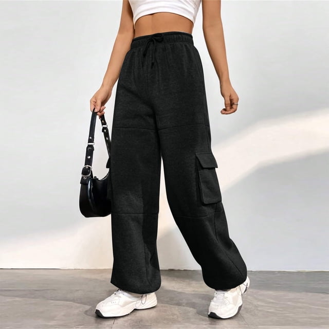 Jsaierl Womens Cargo Sweatpants Drawstring Elastic Waisted Lounge Straight Leg Pants Soft Comfy Running Workout Capris with Flap Pockets