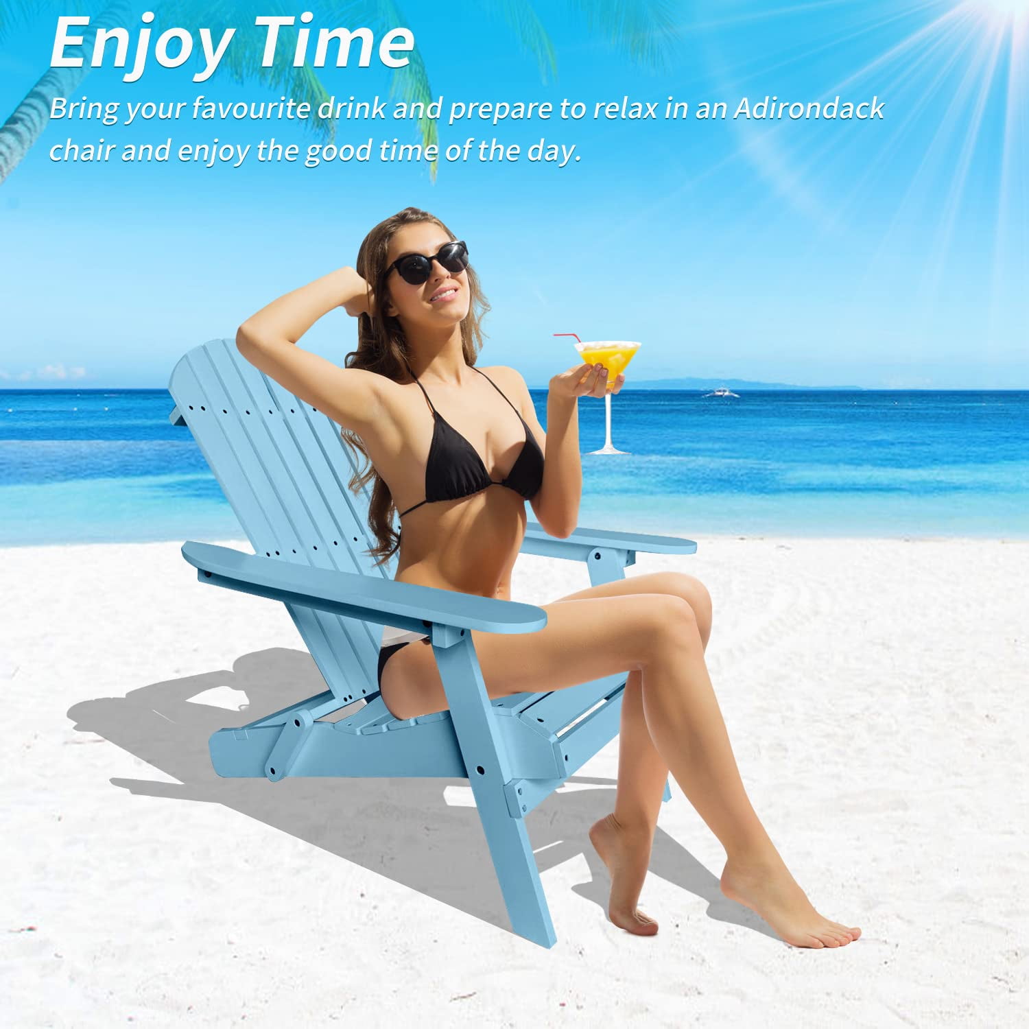 BIQWBIC Folding Adirondack Chair, Solid Wood Fire Pit Chairs with Wide Armrests, All-Weather Outdoor Patio Lawn Garden Chairs, 350 Lbs Capacity, Easy to Install, Turquoise