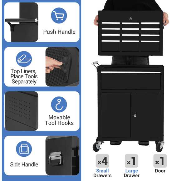 Coffre à Outils Roulant 2-en-1 – Boîte à Outils Détachable à 5 Tiroirs avec Tiroirs Verrouillables, Boîte à Outils Supérieure Amovible, Armoire de Rangement en Acier Robuste avec Roues – pour Garage Ou Atelier