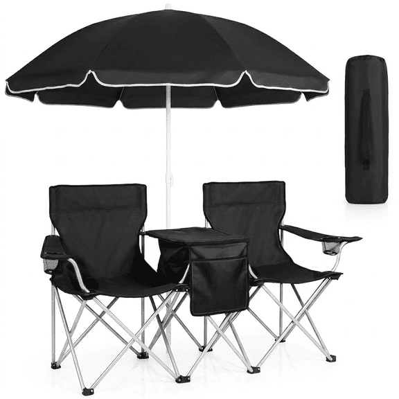 MF MENTAFLOW 2-person Camping Chair With Canopy, Folding Camp Chairs With Cup Holder, Cooler & Carry Bag, 2 Person Portable Beach Chair, Detachable Canopy For Picnic Fishing Outdoor Barbecue Courtyar