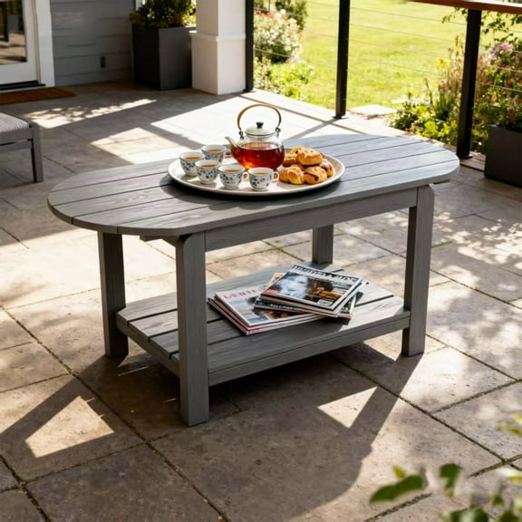 2-Tier Mini Side Table with Wood Grain Finish,Weather-Resistant HIPS Coffee Table,40",Grey