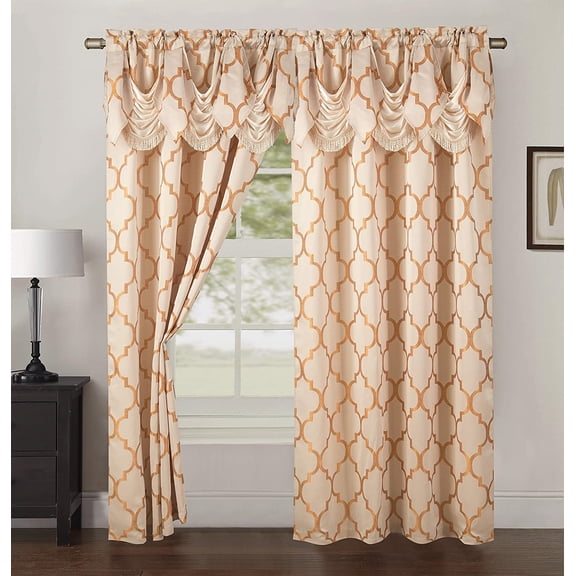 Elegant Comfort Quatrefoil Jaquard Look Curtains with Pleated Attached Valance, with Rod Pocket for Kitchen, Bedroom and Living Room (54 X 84-inches Long, Set of 2), Beige