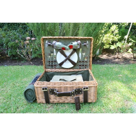 - English Style Willow Picnic Basket for 2 - Green Corduroy