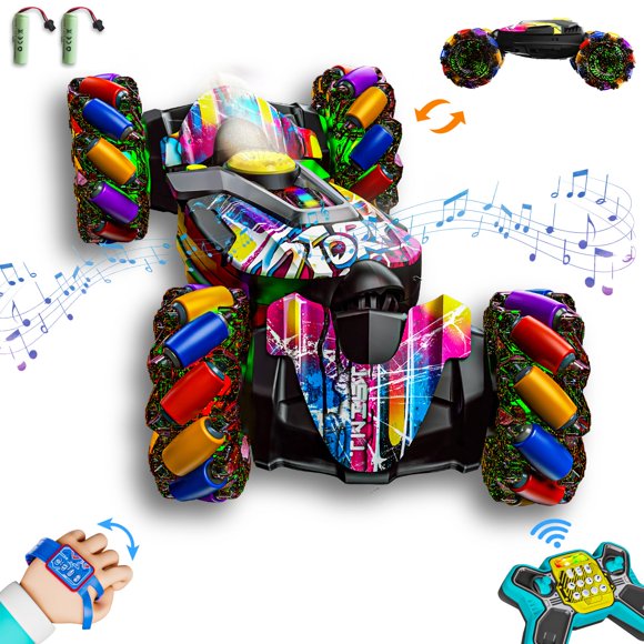Voiture Acrobatique RC à Détection de Gestes, Jouets Télécommandés pour Enfants de 5-7-13 Ans, avec Lumières Musique Pulvérisation, 4wd 360° Rotation Tous Terrains Jouets RC Voitures, 3-6 Ans