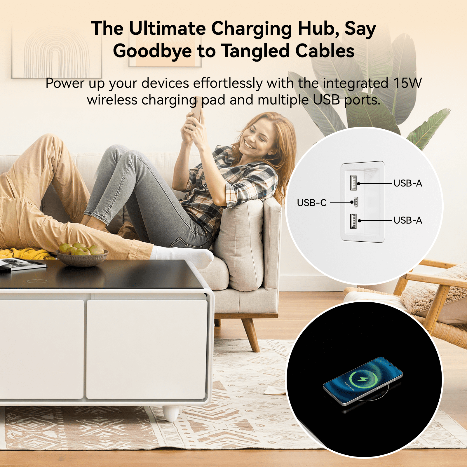 Smart Coffee Table with Dual-Drawer Cooling, Freezer Function, Wireless Charging, Bluetooth Speakers & LED Lights – Perfect for Modern Living Spaces