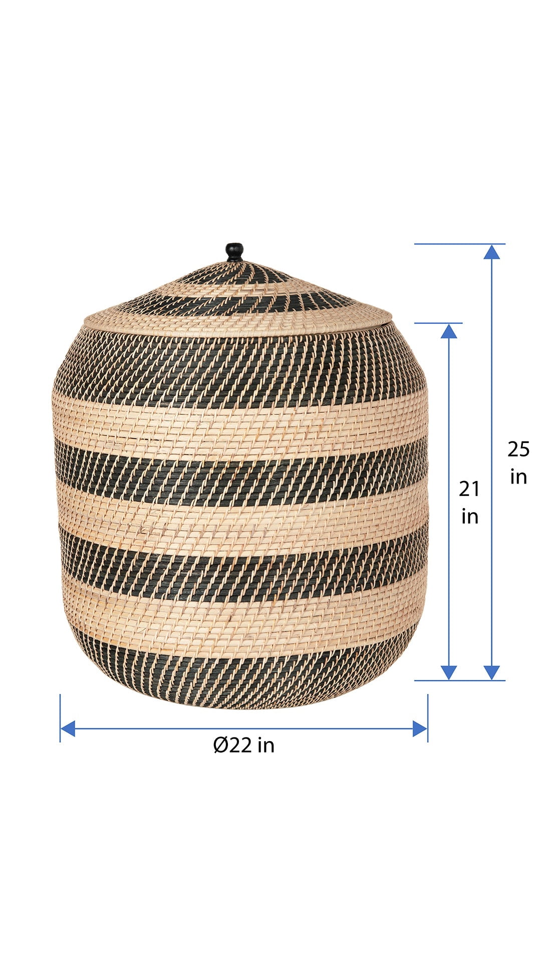 Kouboo Rattan Belly Basket, Round Storage Basket with Lid, Organizer for Laundry, Throws, Pillow, Towel, Extra-Large, Natural-Black