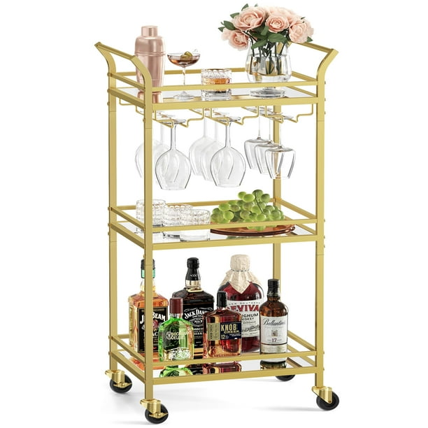 Carrito de bar VASAGLE Home Serving con estante de 3 niveles de acero dorado pálido