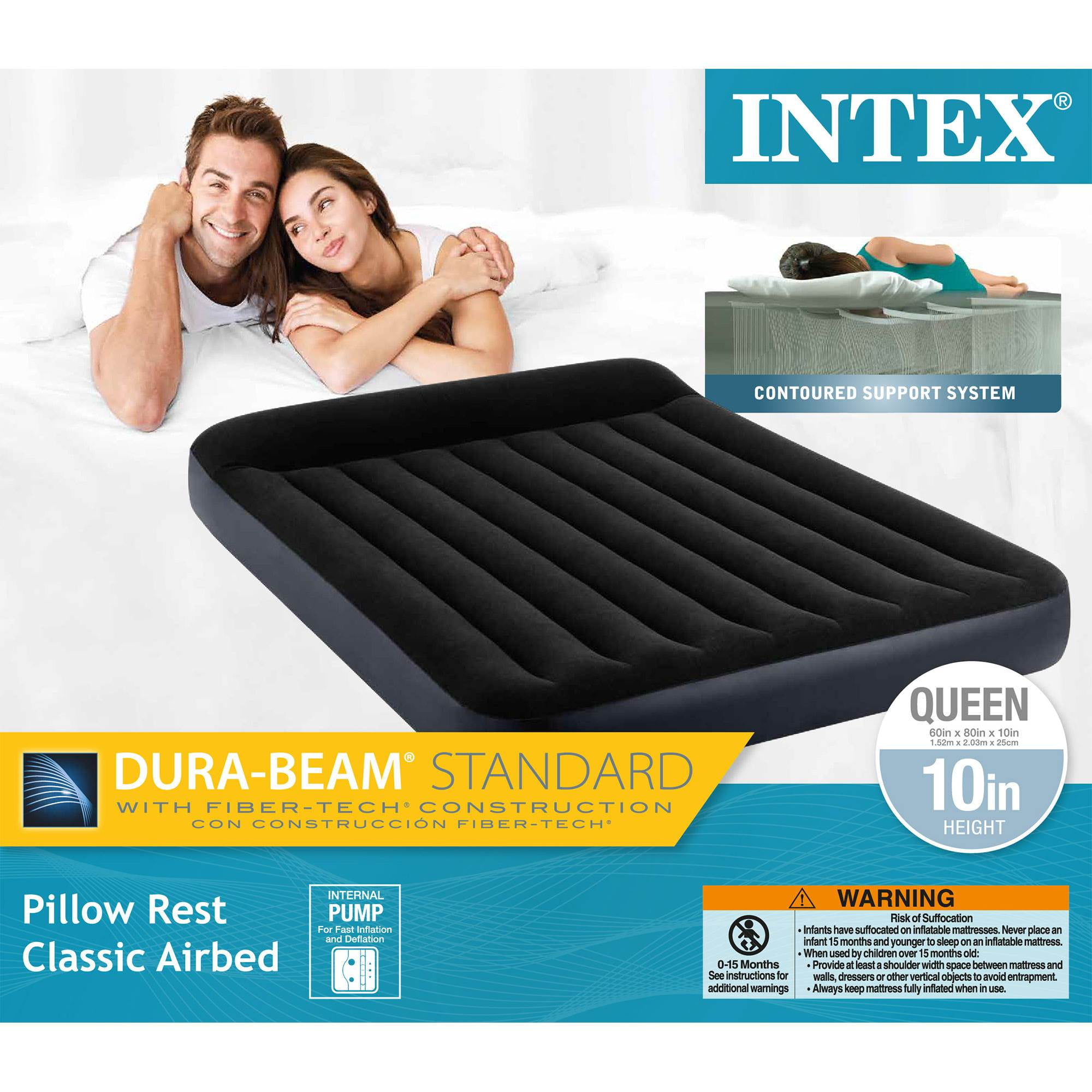 Queen Intex Dura Beam Standard Pillow Rest Classic Airbed with Built-In Pump 