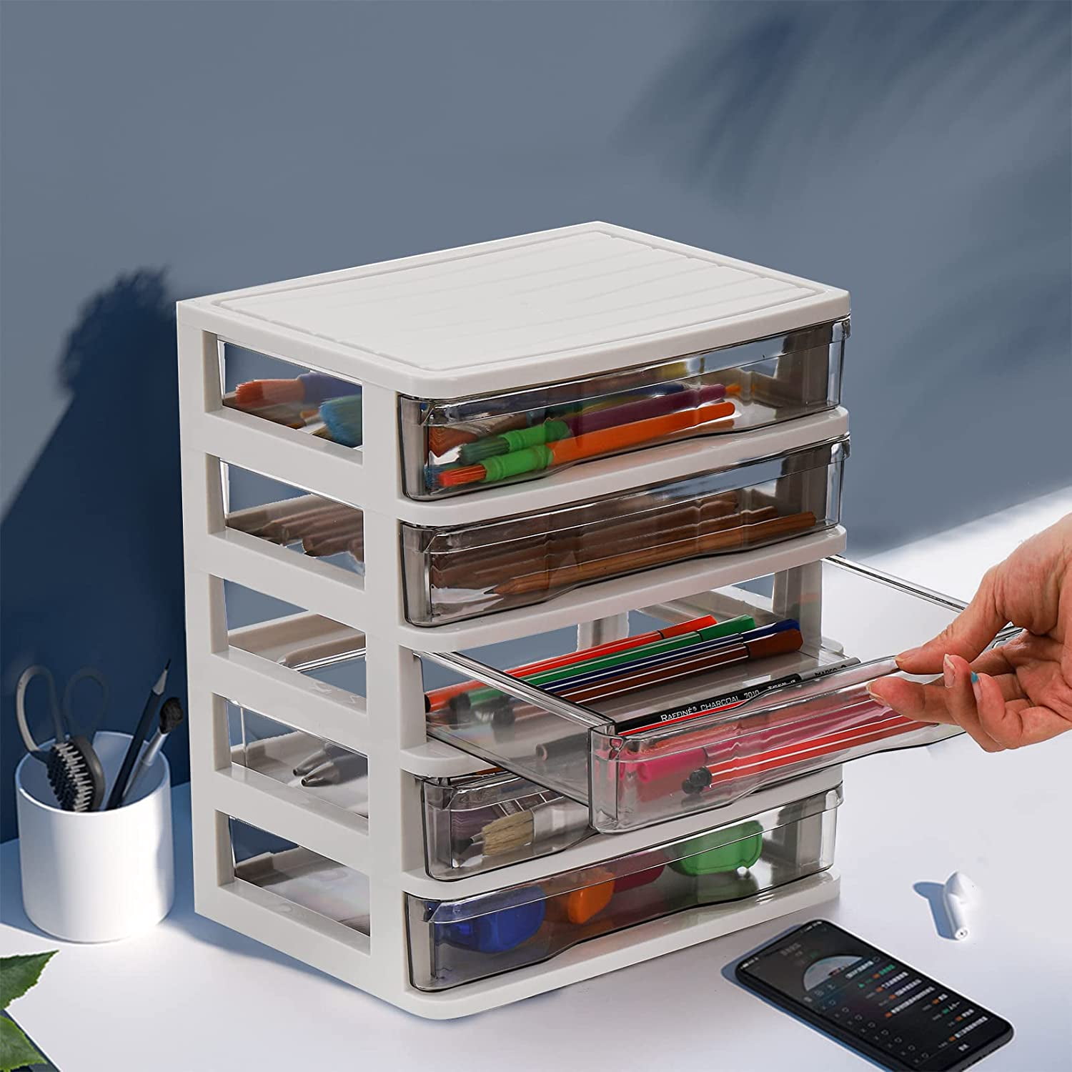 5 Drawer Desktop Storage Bin Unit  Small Plastic Organizer White Frame With Clear Mini Container Case For Desk Storing Craft Accessory Stationery