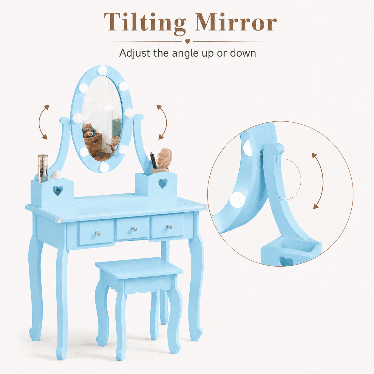 Ktaxon Kids Play Makeup Vanity Set with 3-Color Light, Girls Vanity Dresser Desk with Matching Stool, Light Blue