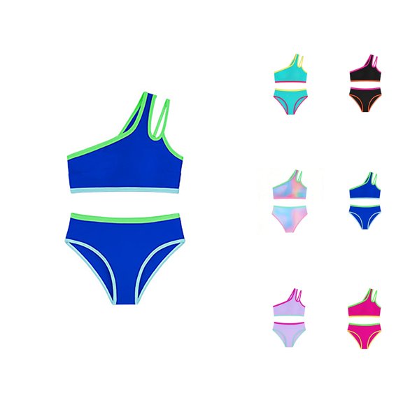 Girls Swimsuit Two Piece One Shoulder Bathing With Chest Pad Color Bikini 7 16 Years