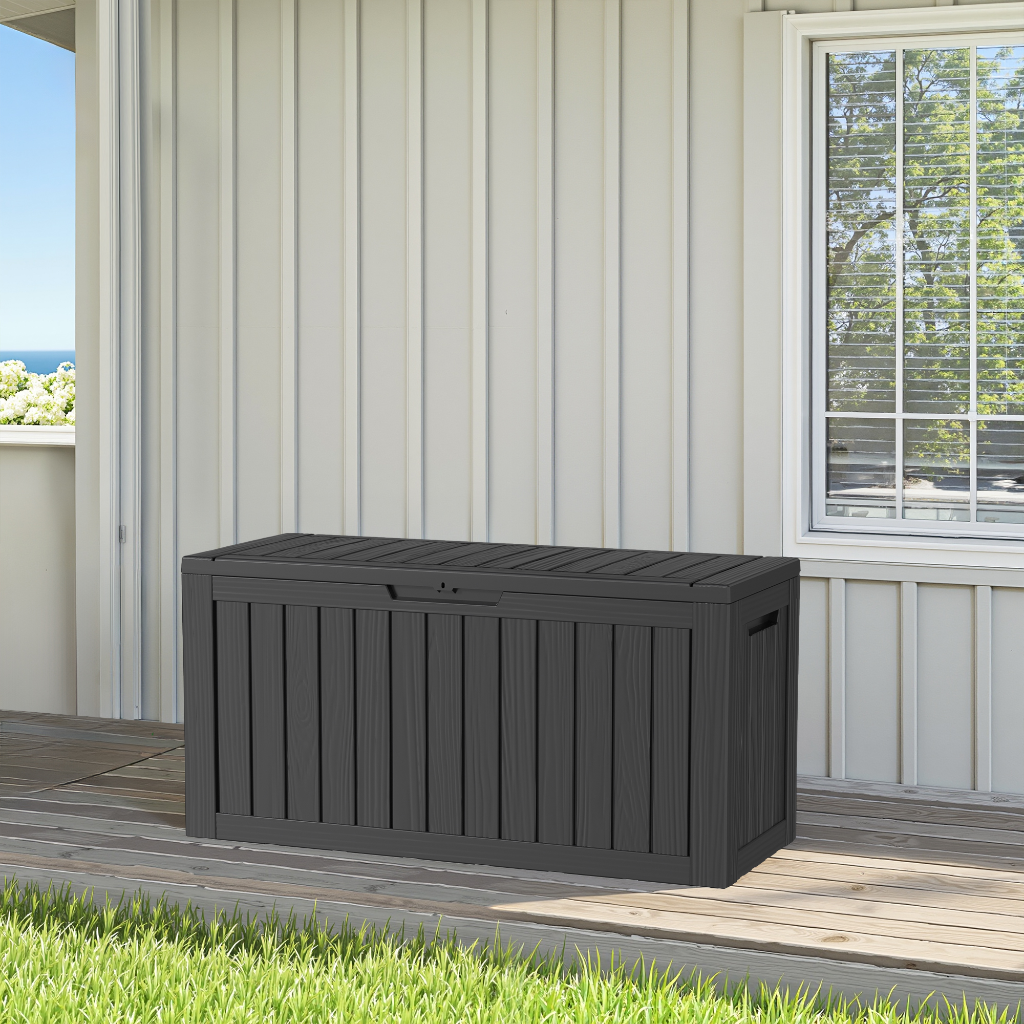 MAYEERTY 100 Gallon Outdoor Deck Box, Large Capacity Storage Box for Patio Furniture Cushions, Pillow with Wheels, Black