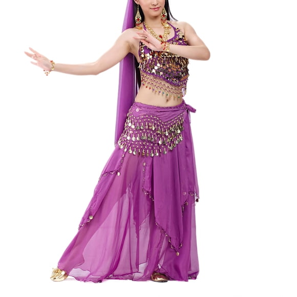 BellyLady Costume de Danse du Ventre d'Halloween, Haut de Soutien-Gorge Dos Nu, Foulard de Hanche et Jupe-Violet