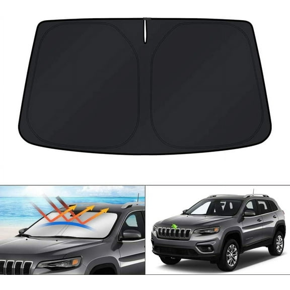 Canvcle Windshield Sun Shade for Jeep Cherokee SUV 2014-2023 (Not for Jeep Grand Cherokee) Sunshade Foldable Blocks UV Rays Sun Visor Protector Keep Your Car Cooler