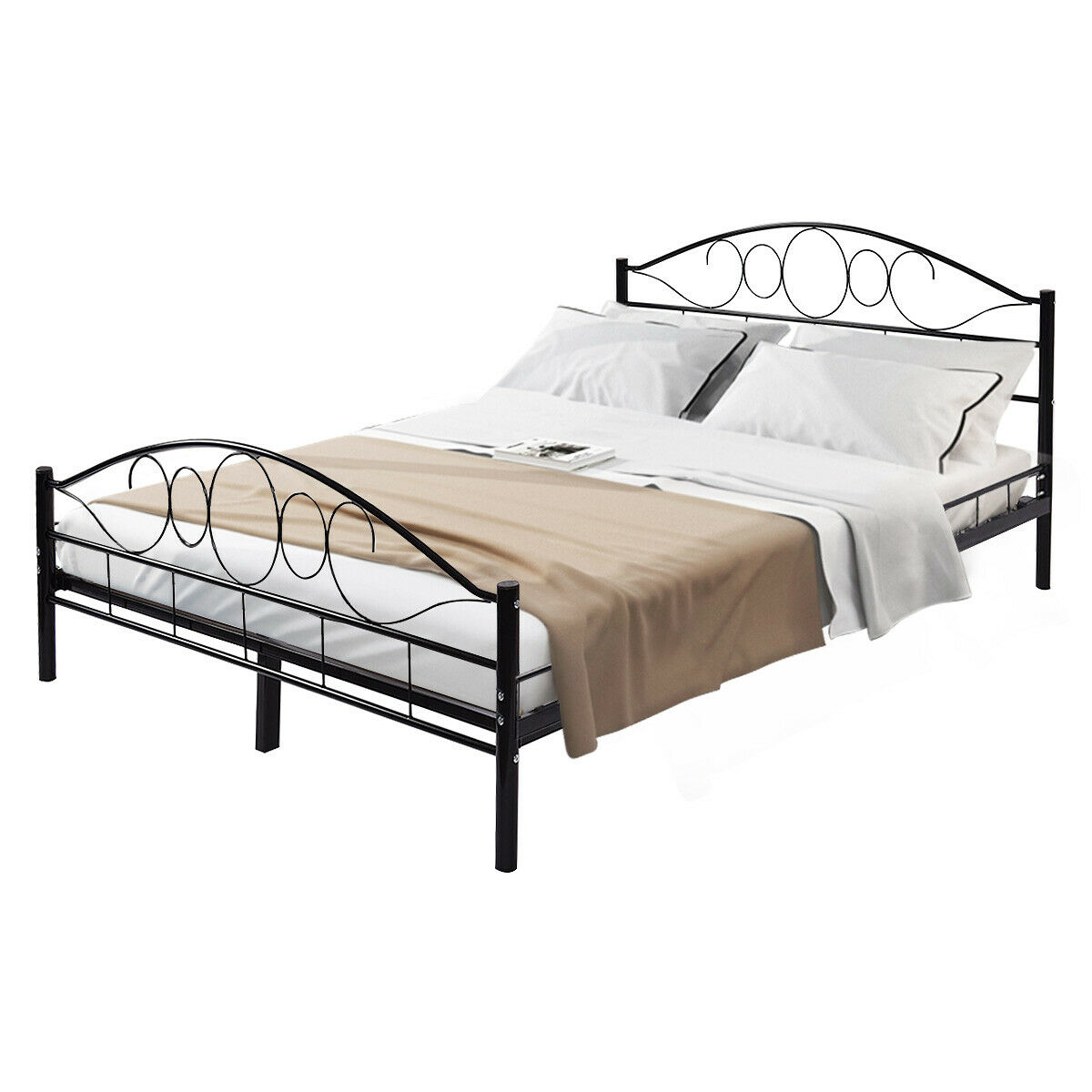 Queen Size Metal Bed Frame Wood Slats Platform Headboard Footboard