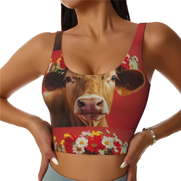 Balery White And Red Daisy Cow Sujetadores deportivos con espalda cruzada para mujer, acolchados, sin costuras, de alto impacto, ideales para yoga, gimnasio, entrenamiento y fitness.-Medium