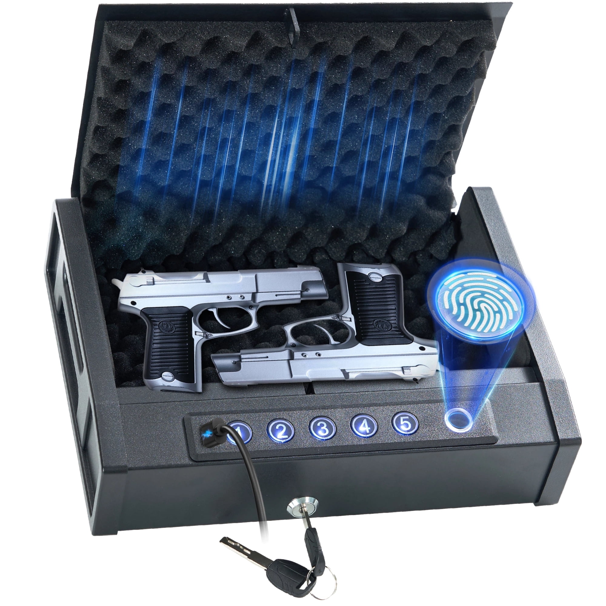 Naipo Portable Biometric Gun Safe, 3-Way Fingerprint Password Key Quick Access Handgun Safe Holds Up to 2 Pistols, Compact Small Gun Safe with Built-in LED Light for Bedside, Car, Travel & Home