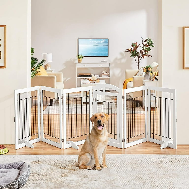Bilot 123 Extra Wide Pet Gate with Door Freestanding Dog Gate for Doorways 6 Panels Pet Dog Gate Indoor with 3PCS Support Feet 123 x 32 White