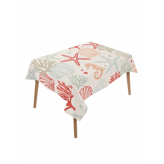 Red Orange Coastal Rectangle Tablecloth, Summer Beach Starfish Coral Nautical Rustic Waterproof & StainResistant Tablecloth, Oil-proof Table Cover for Dining/Party/Wedding/Camping/Buffet 60x84 In