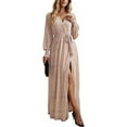 thumbnail image 1 of Vestido de mujer con lunares y lentejuelas, vestido de noche largo elegante sexy con escote en V, manga larga, cintura alta, abertura, vestido maxi con cinturón, 1 of 7