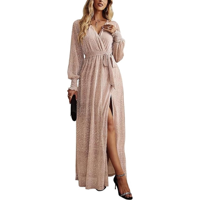 Vestido de mujer con lunares y lentejuelas, vestido de noche largo elegante sexy con escote en V, manga larga, cintura alta, abertura, vestido maxi con cinturón