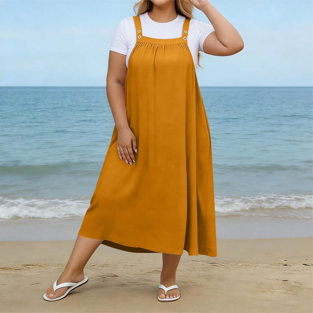 XiYing Robe pour Femmes, Robe Maxi Décontractée de Mode pour Femmes Grande Taille à Encolure Carrée avec Boutons, Bretelles, Dos Plissé et Détails de Buste,