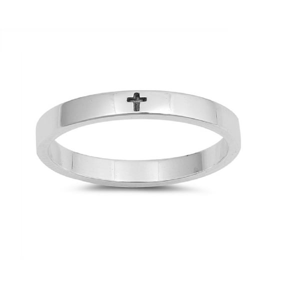 High Polished Sterling Silver Ingraved Cross Plain Band Ring