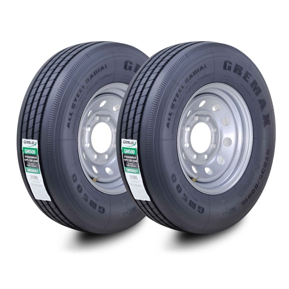 GREMAX All Steel Trailer Tire & wheel ST235/80R16 14-Ply G 129M 8 Lug on 6.5" PCD Silver Mod Rim ,SET 2