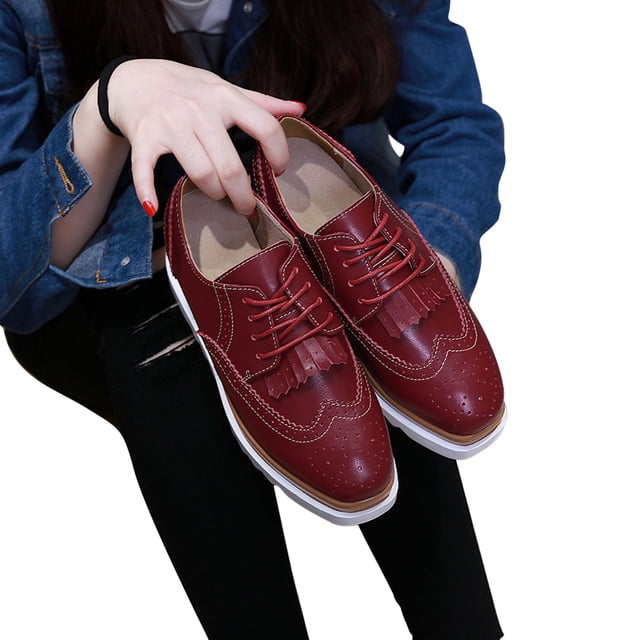 LSLJS Chaussures en Cuir Style Britannique pour Femmes à Bout Rond, Talon Compensé, Semelle Épaisse à Pompon Style Muffin, Chaussures en Cuir pour Femmes