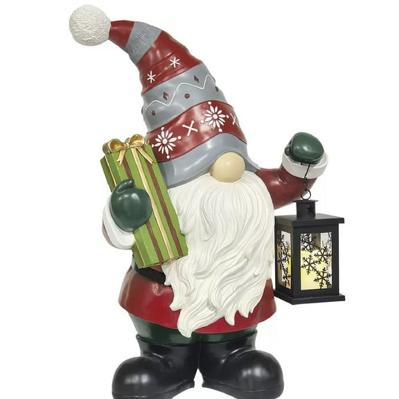 27-inch Holiday Gnome Greeter with LED Lit Lantern with Timer