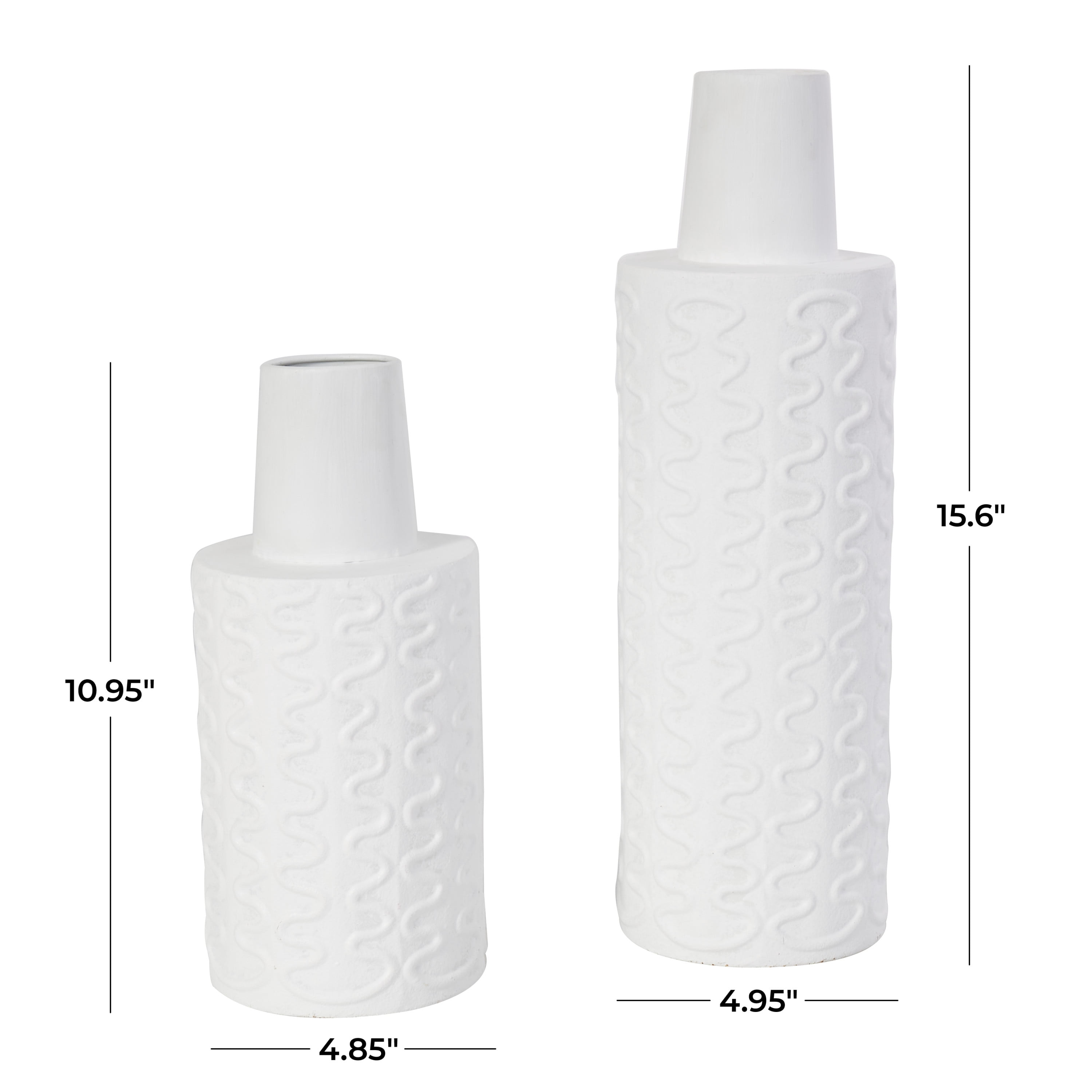 DecMode 16", 11"H Abstract Wavy Textured White Metal Vase, Set of 2