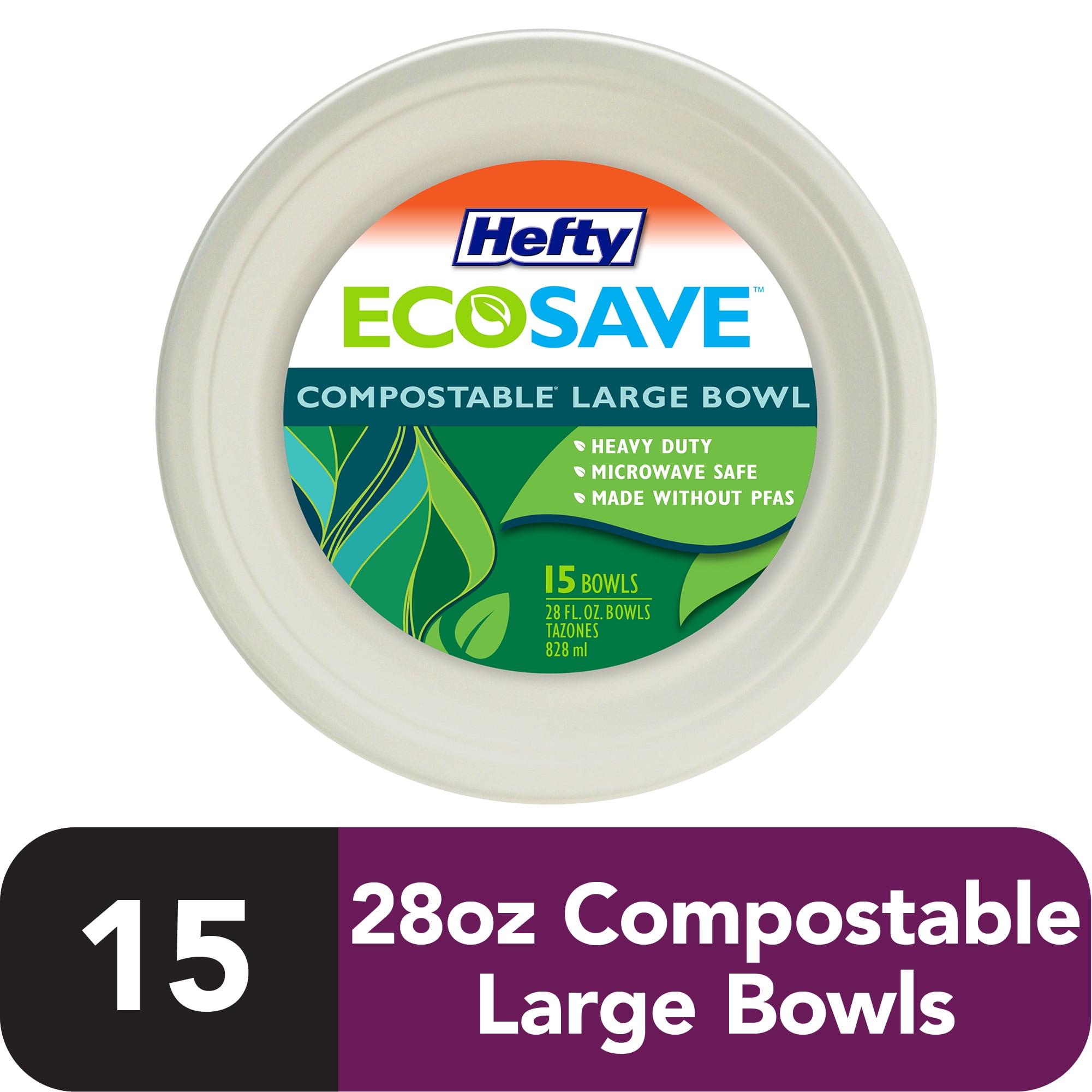 Hefty ECOSAVE Compostable Paper Bowls, 28 Ounce, 15 Count